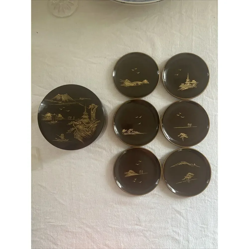 Vintage Japanese Black Lacquerware 6 pc Coasters With Box And Lid